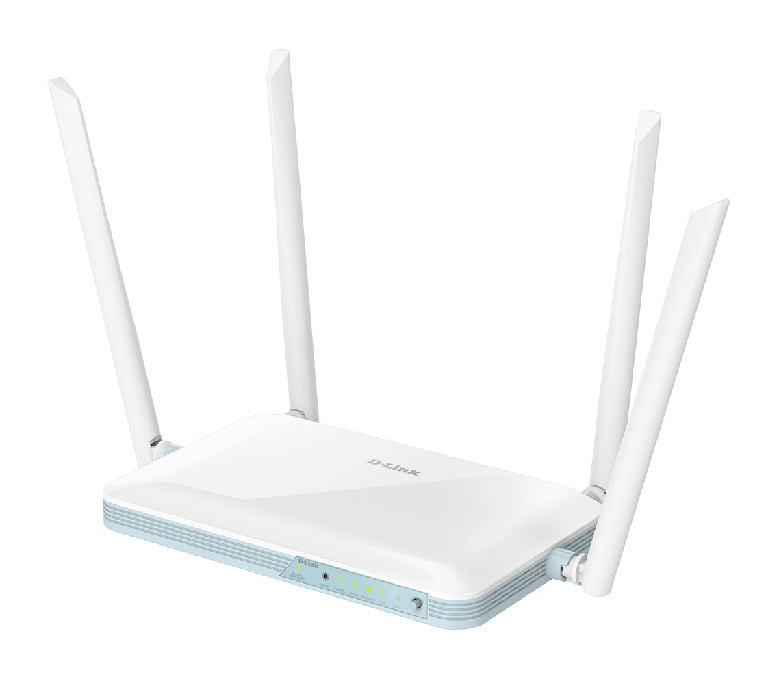 Weißer D-Link-Router mit vier Antennen. Weißer Hintergrund.