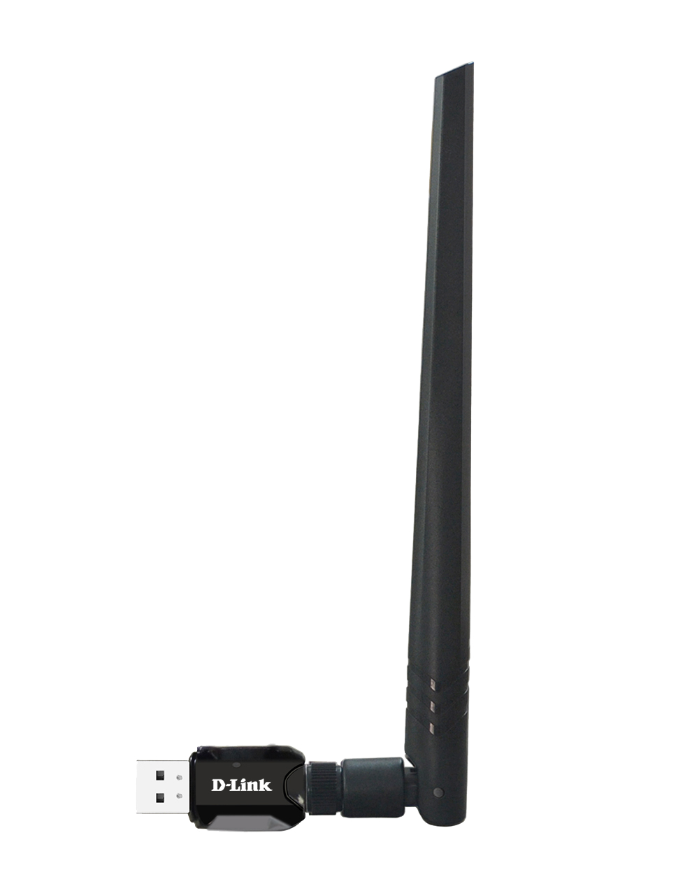 Schwarzer D-Link USB Wi-Fi Adapter mit Antenne. Weißer Hintergrund.