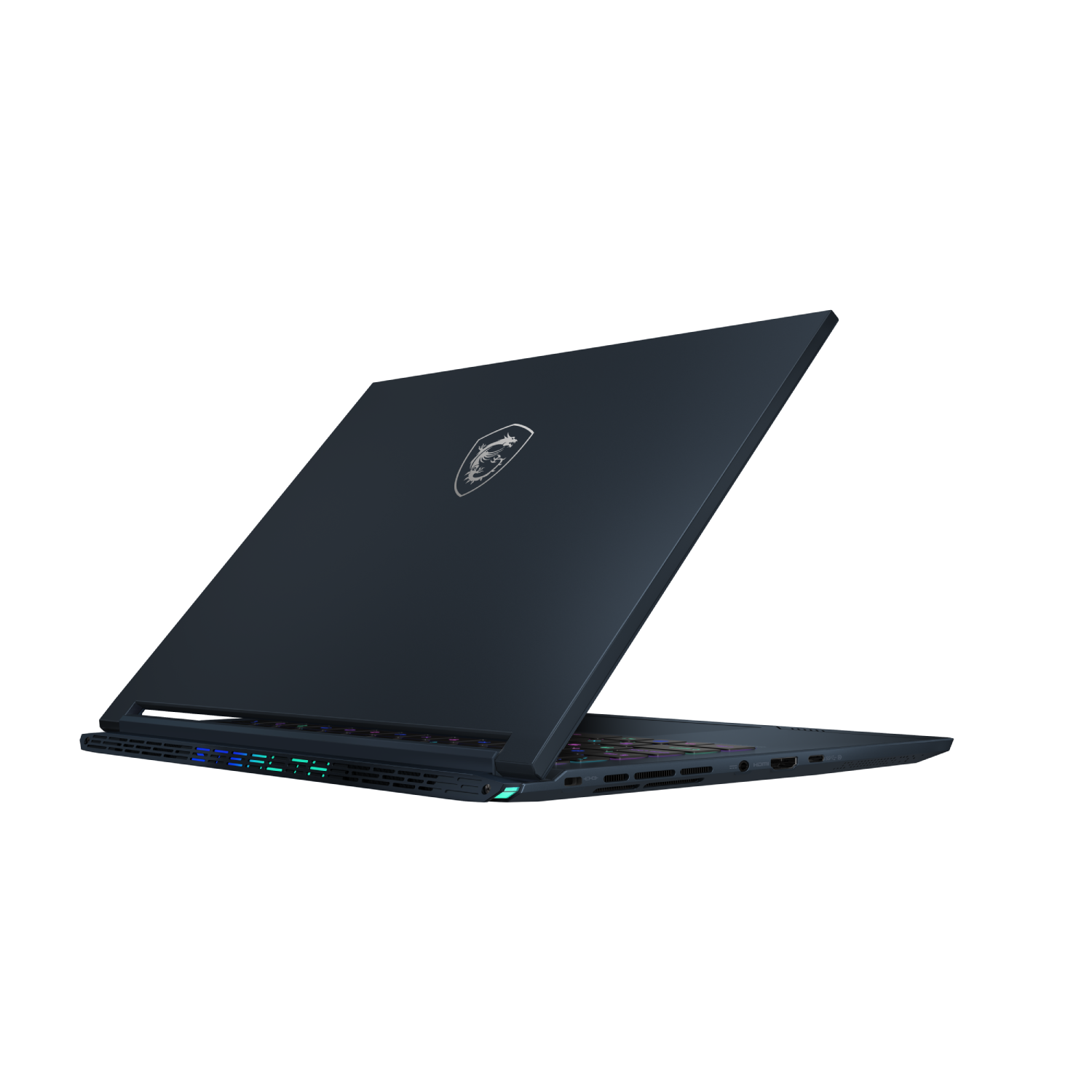 Portátil oscuro con el logotipo de MSI, abierto sobre un fondo negro.