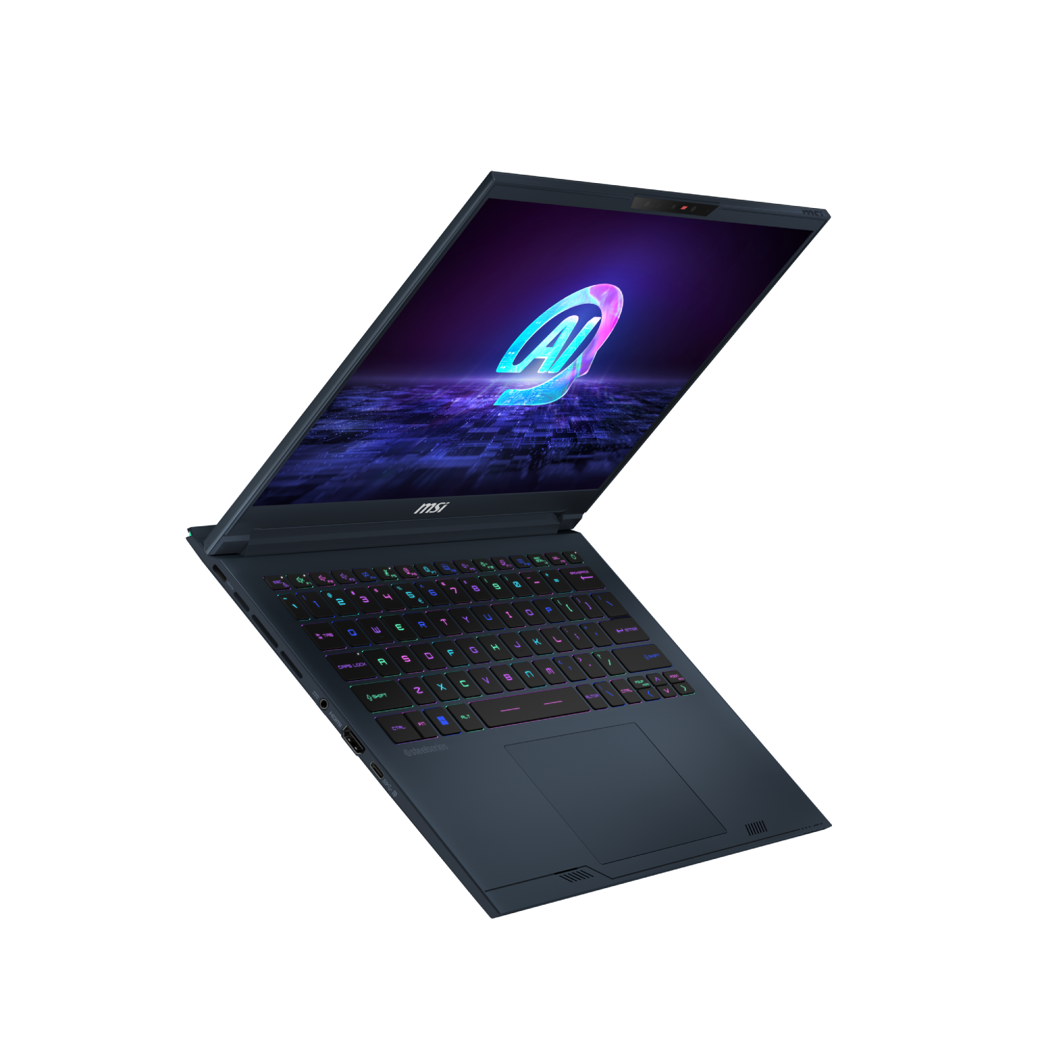 Laptop MSI, abierto, mostrando un logo de IA colorido.