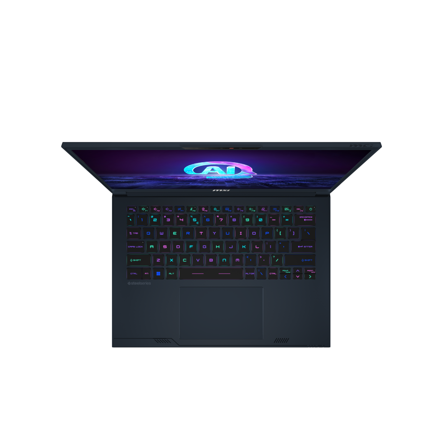 Portátil con teclado iluminado. La pantalla muestra un logotipo colorido. Fondo negro.