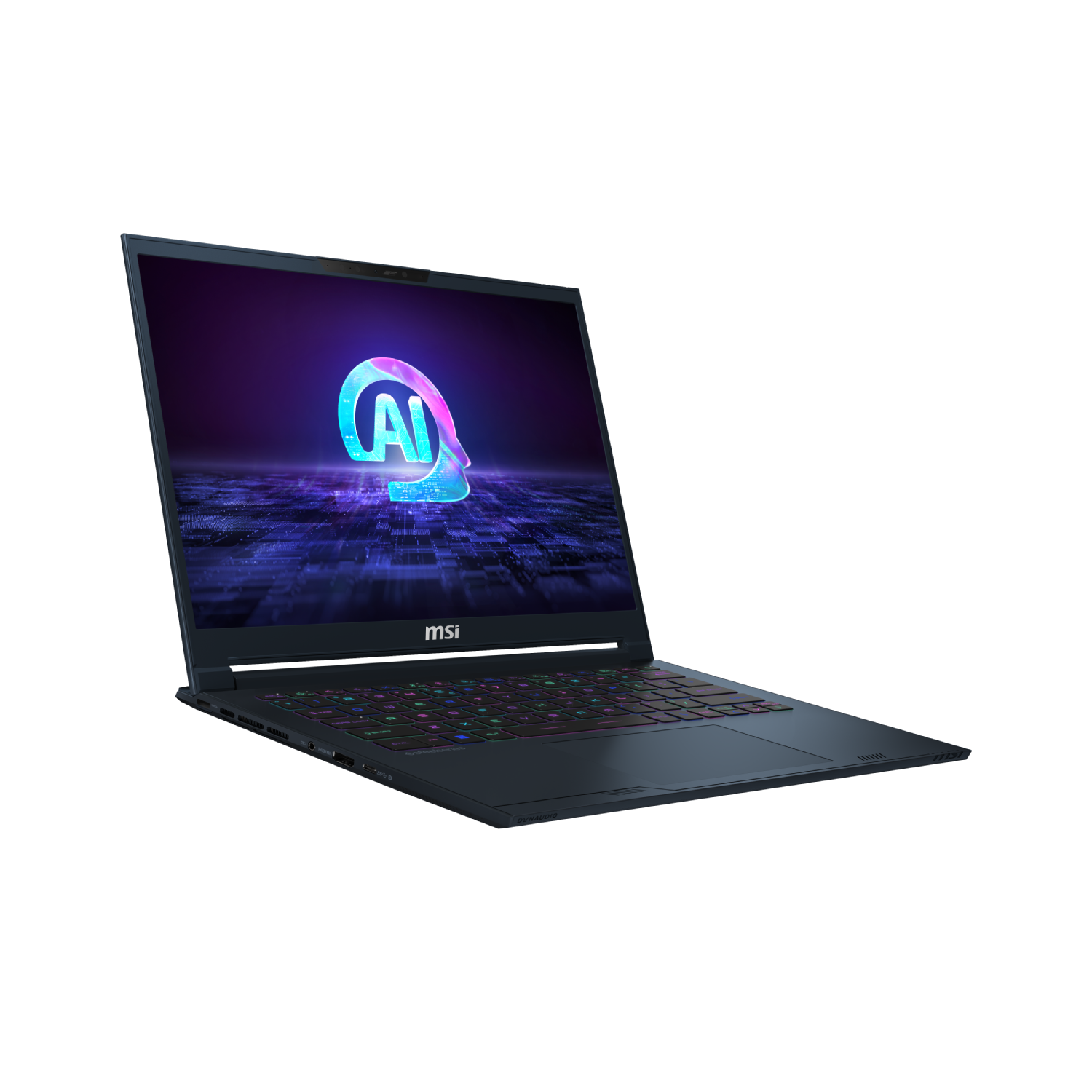 Portátil MSI con logotipo de IA en pantalla, teclado iluminado, sobre fondo oscuro.
