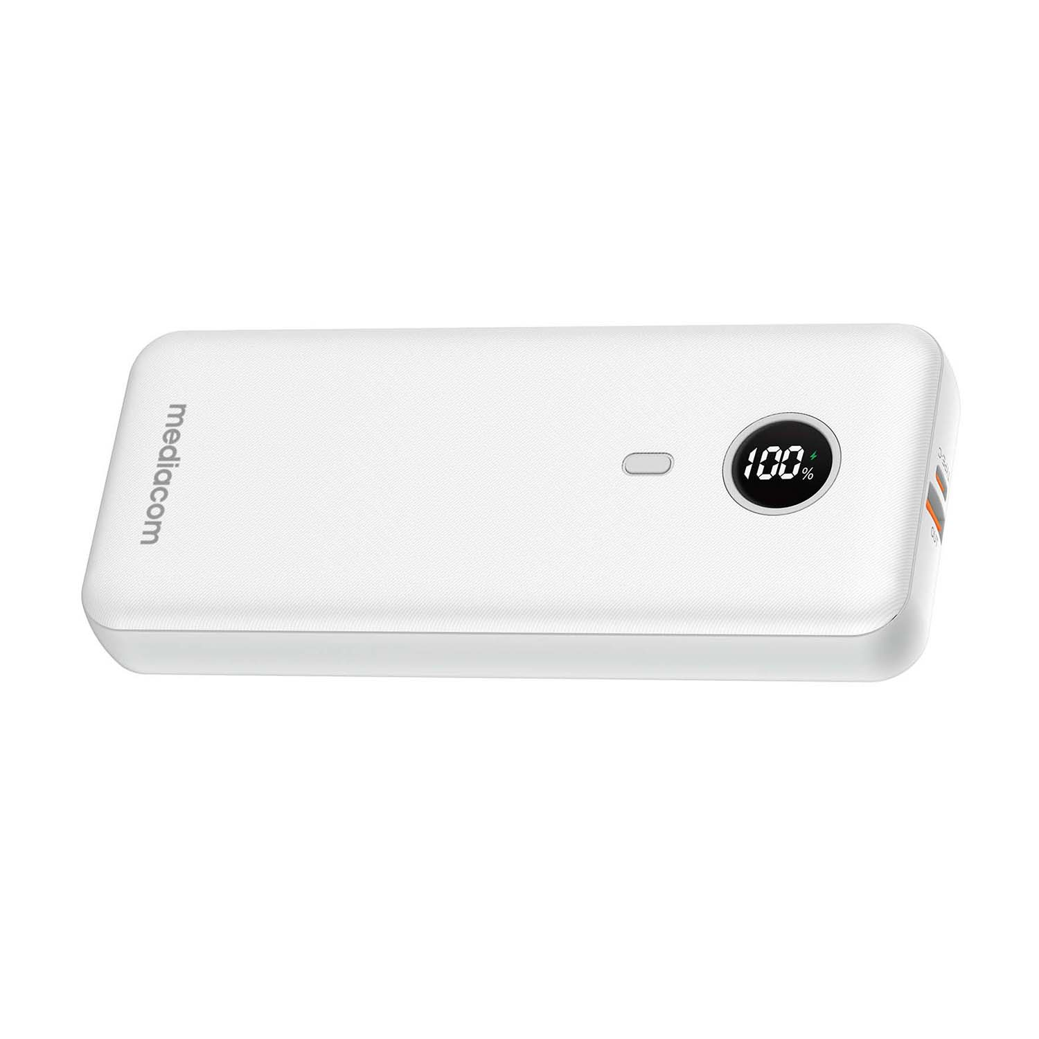 Power bank bianco con un display che mostra il 100%.