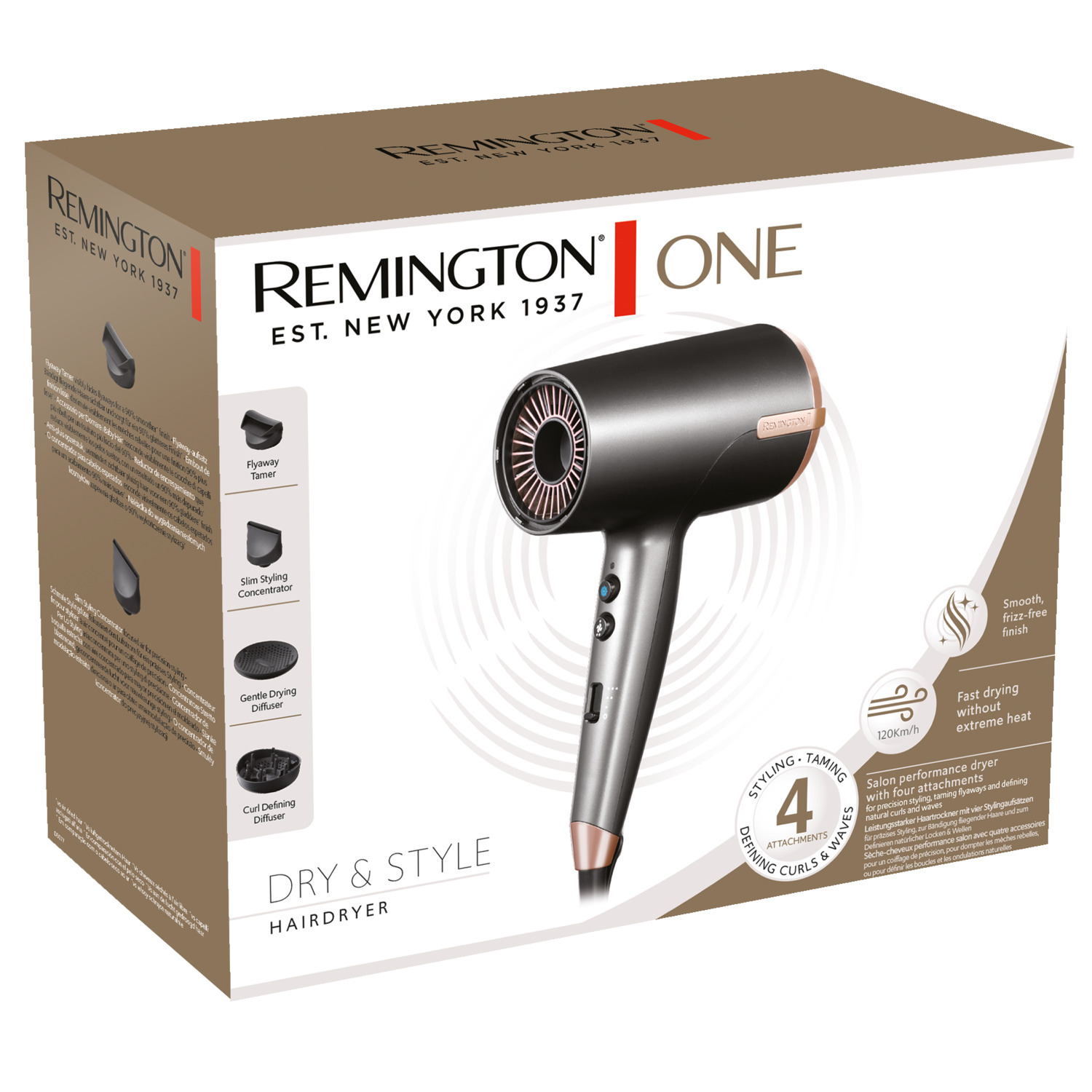 Remington ONE haardroger doos. Toont het product en de kenmerken. Een haardroger is zichtbaar.