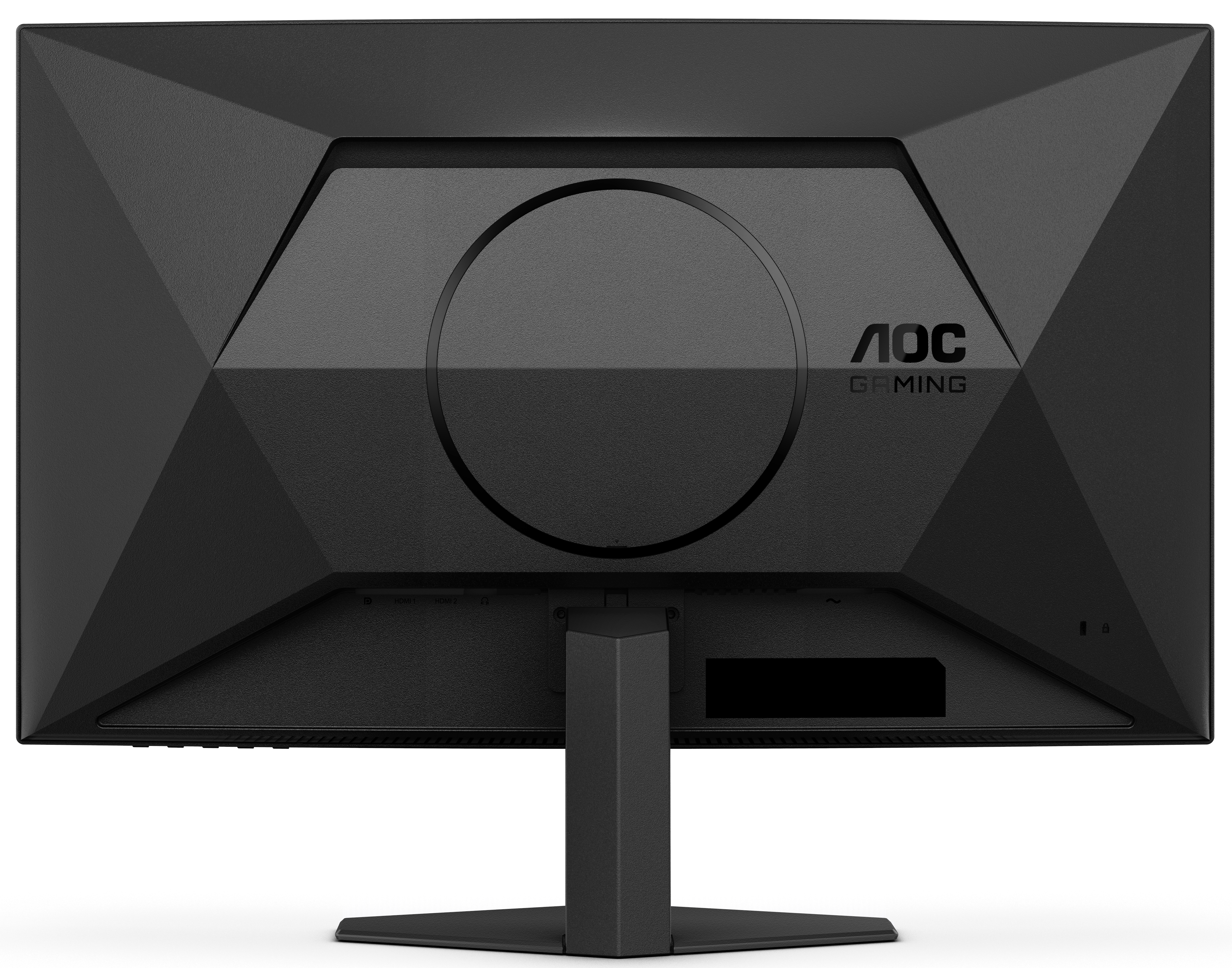 Rückseite eines schwarzen AOC Gaming-Monitors, mit Markenlogo und Anschlüssen.