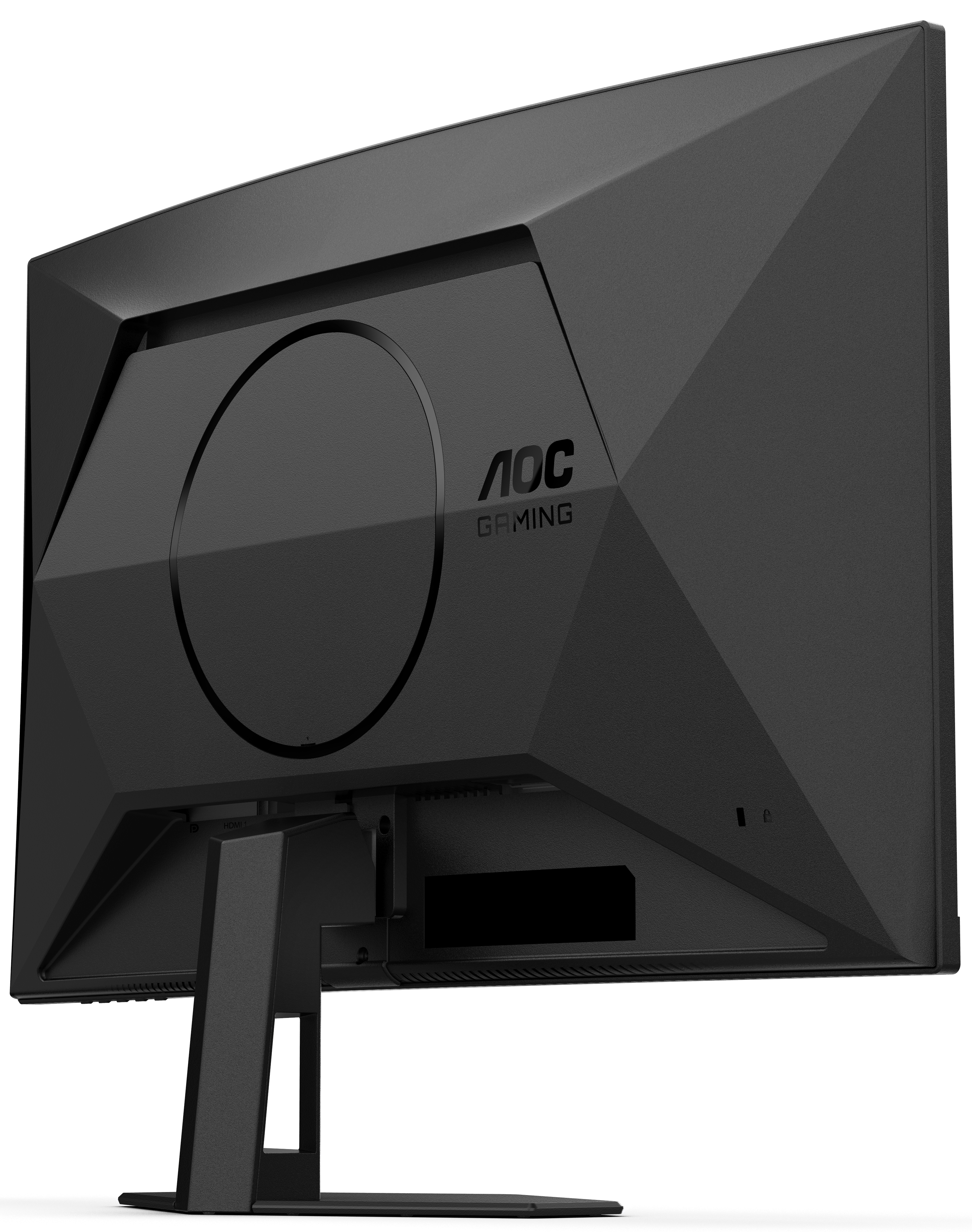 Die Rückseite eines schwarzen Gaming-Monitors mit dem AOC Gaming-Logo und einem geometrischen Design.