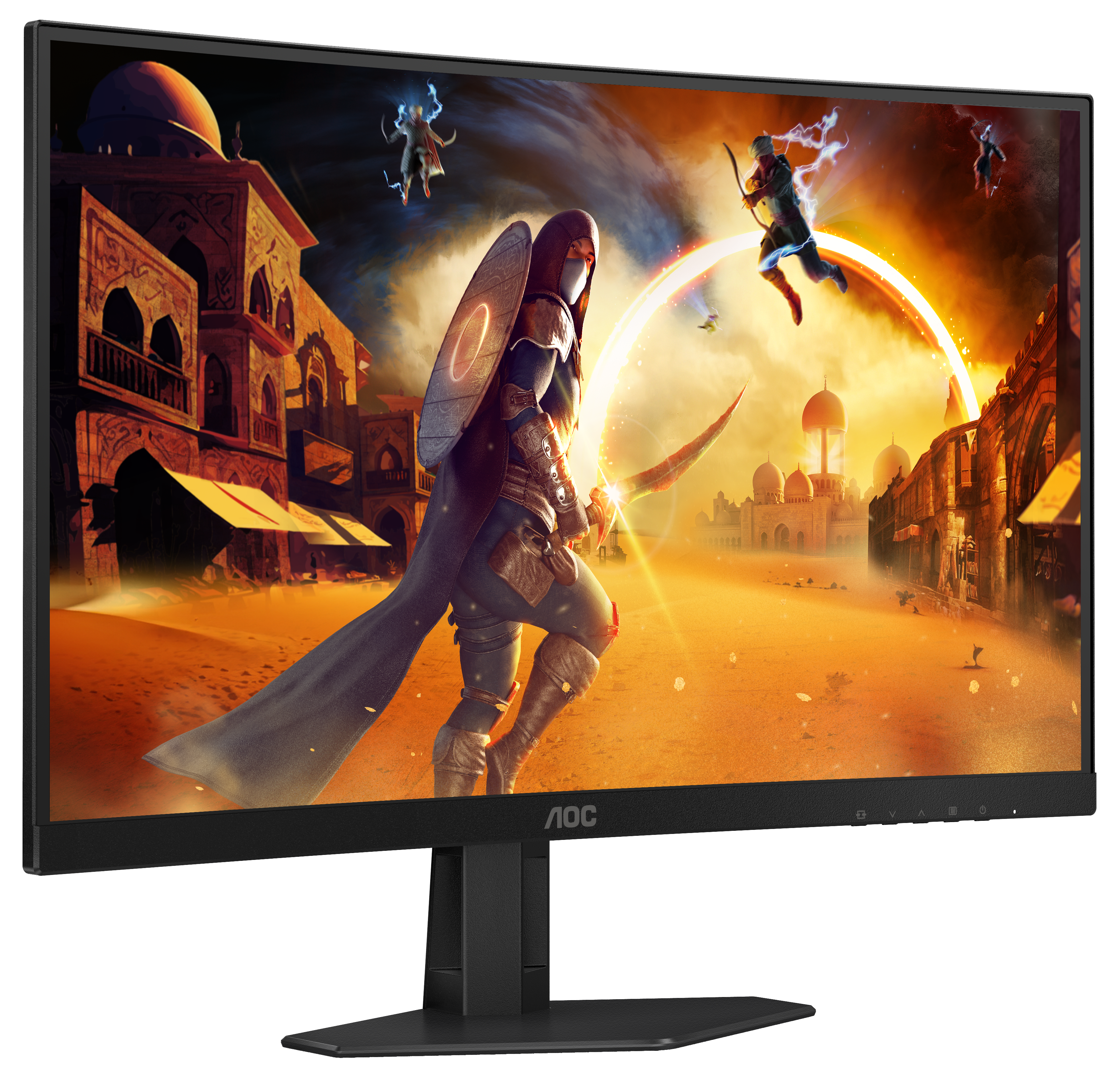 AOC-Gaming-Monitor zeigt eine Fantasy-Kampfszene mit Charakteren.