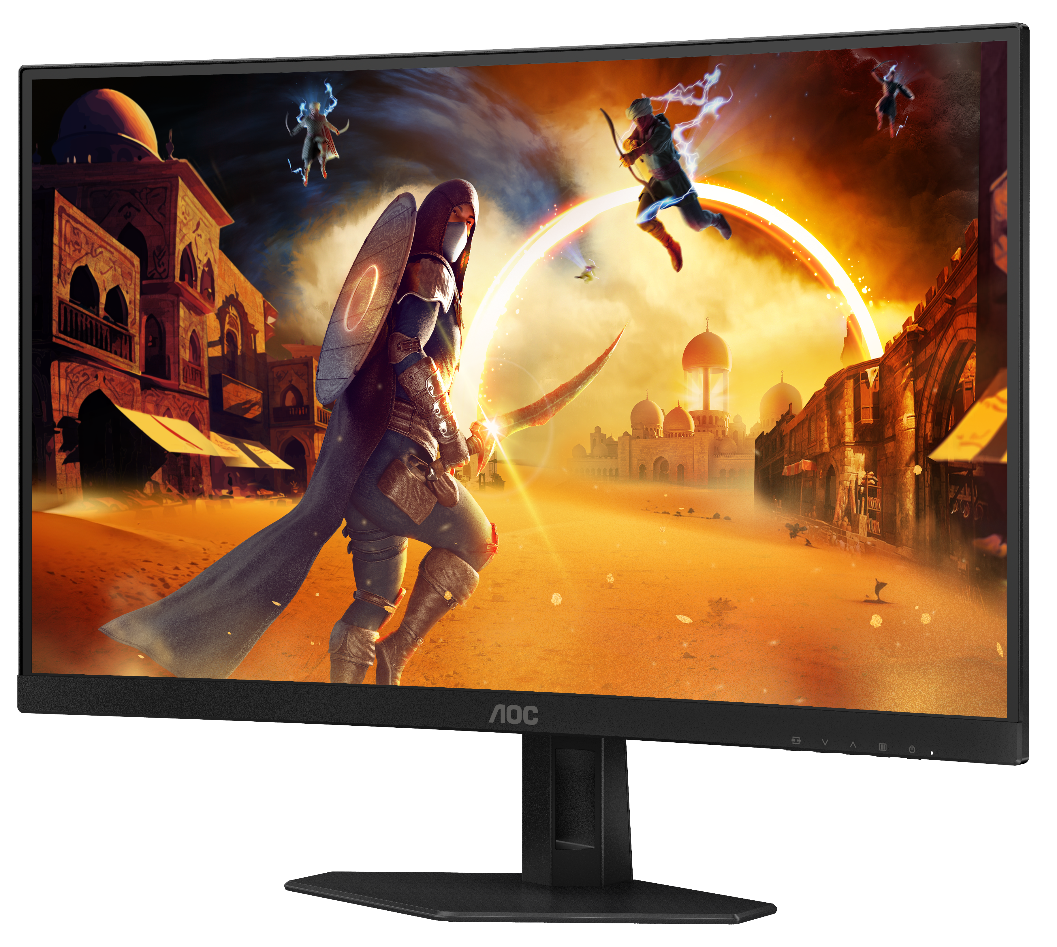 Gaming-Monitor mit einer Fantasy-Kampfszene. Charaktere kämpfen in einer offenen Landschaft.