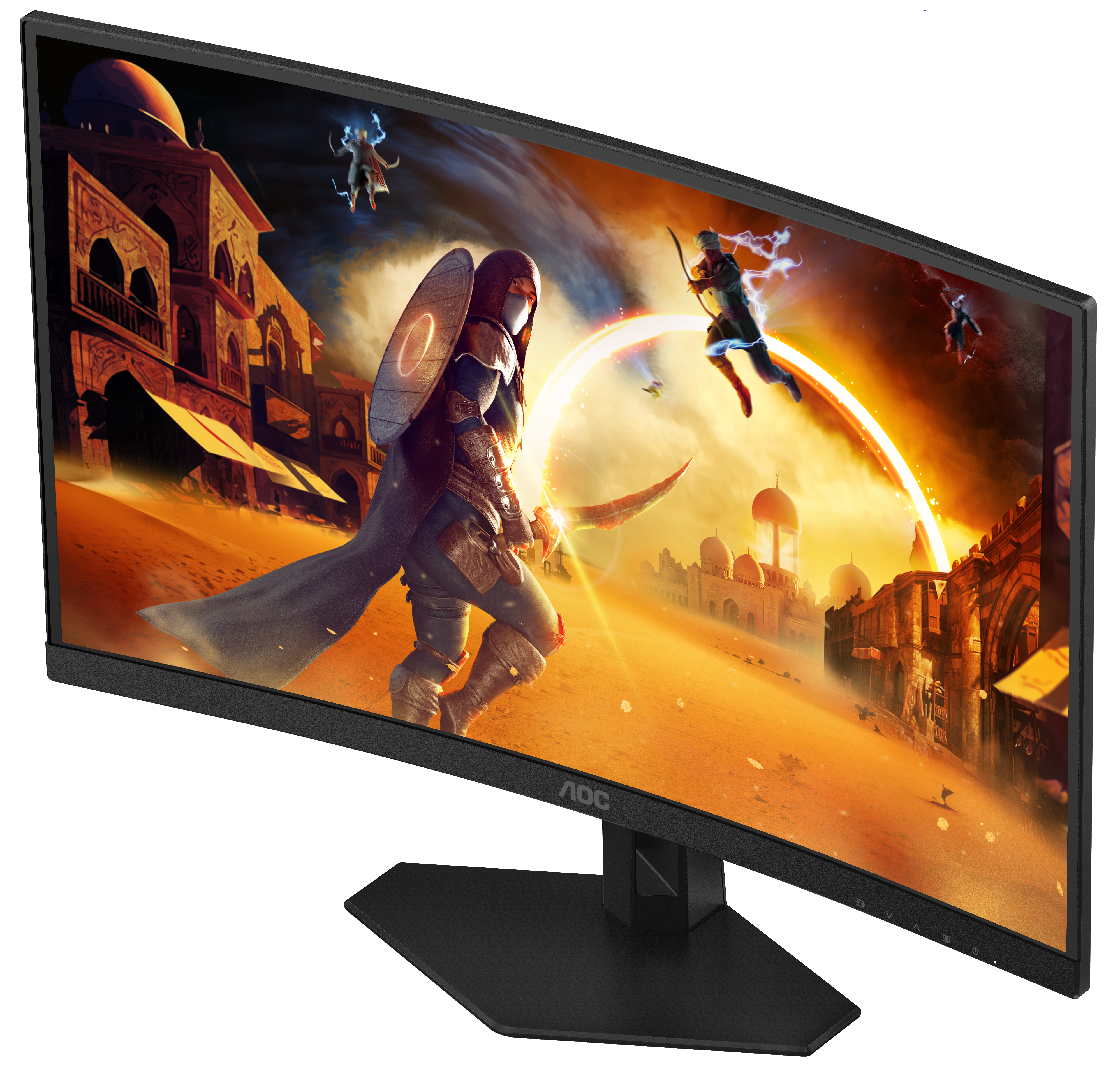 Ein gewölbter Monitor, der eine Videospielszene zeigt. Spieler kämpfen in einer Wüstenumgebung.