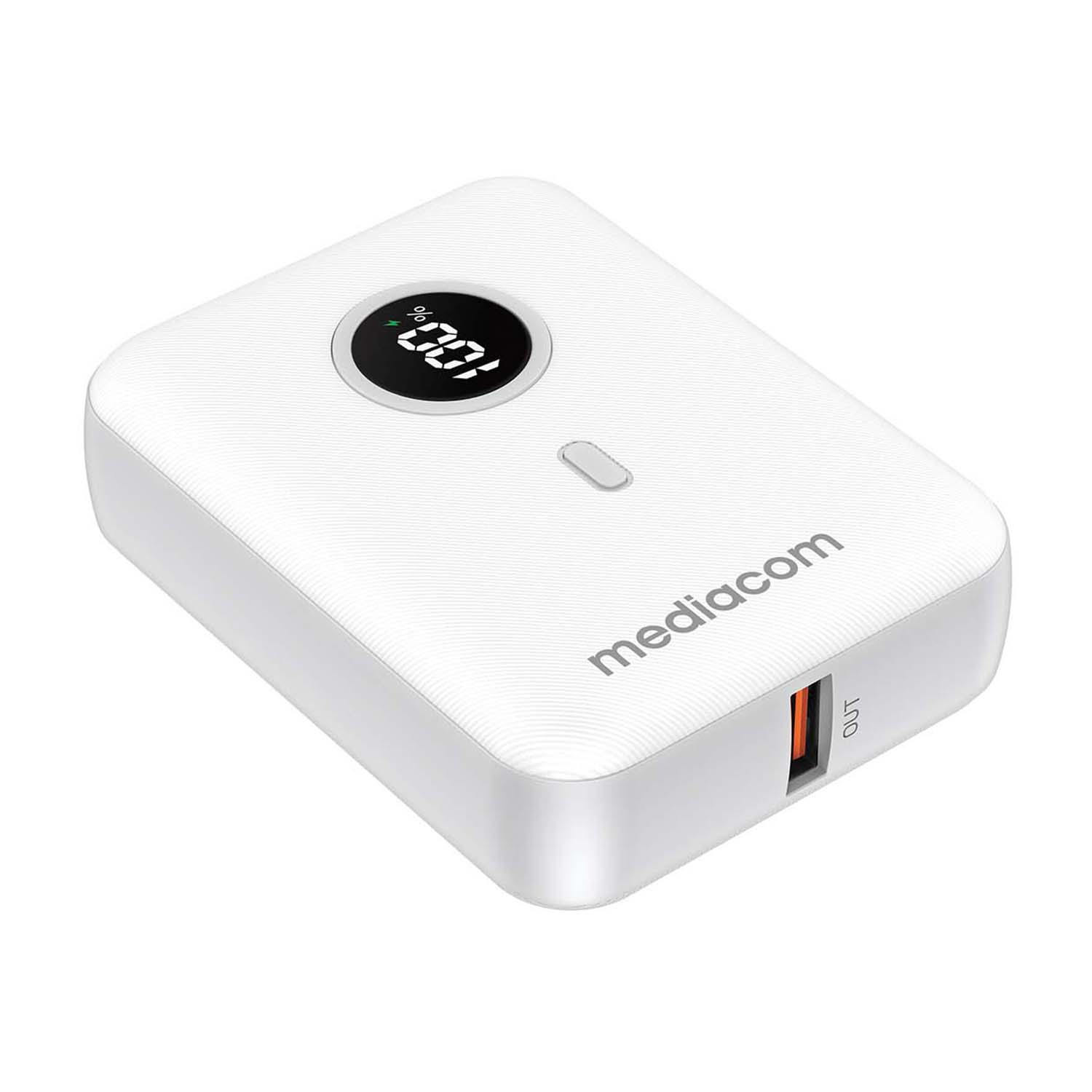 Power bank bianca con display digitale e porta di ricarica. Sfondo bianco.