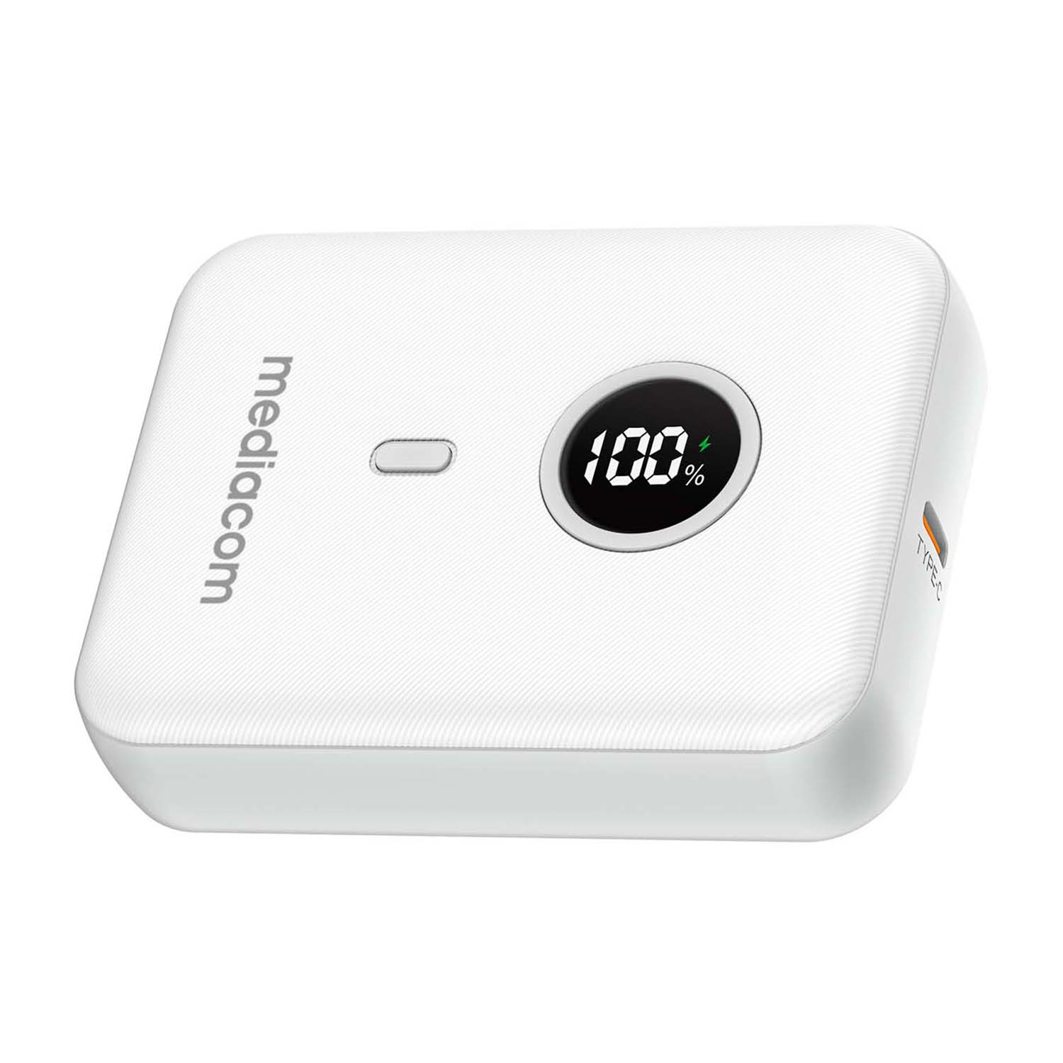 Un power bank bianco con un display digitale che mostra il 100% e la parola mediacom.