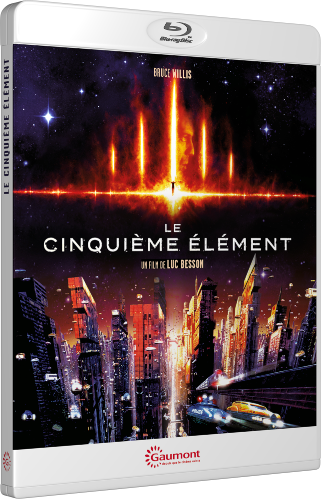 Boîtier Blu-ray du Cinquième Élément, avec une ville futuriste et Bruce Willis.