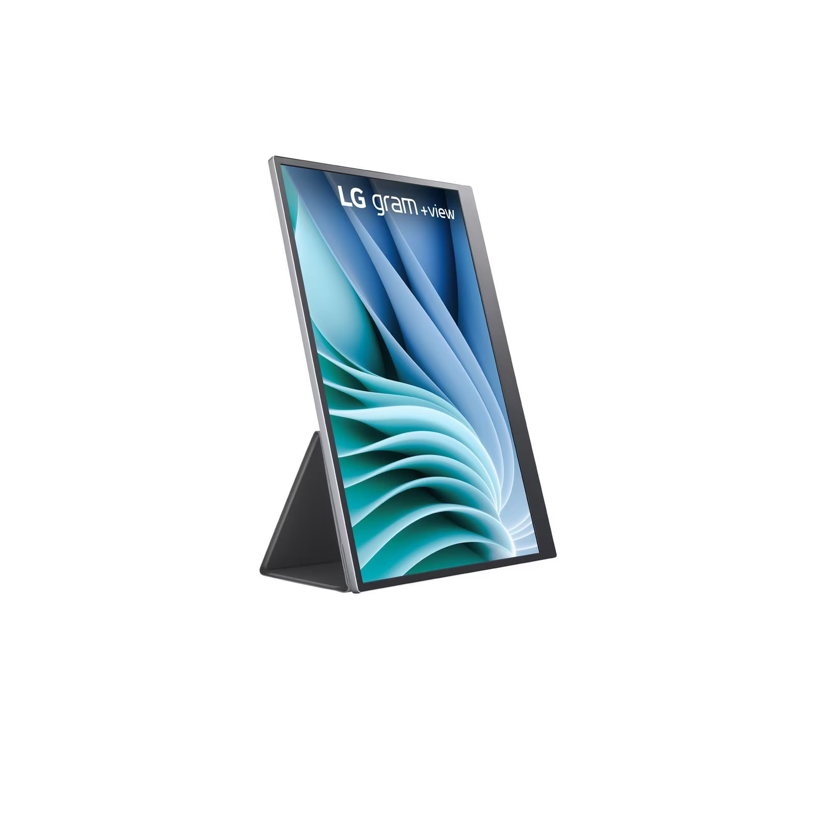 Una tableta LG gram +view está en un soporte. La pantalla muestra un diseño abstracto azul y blanco.