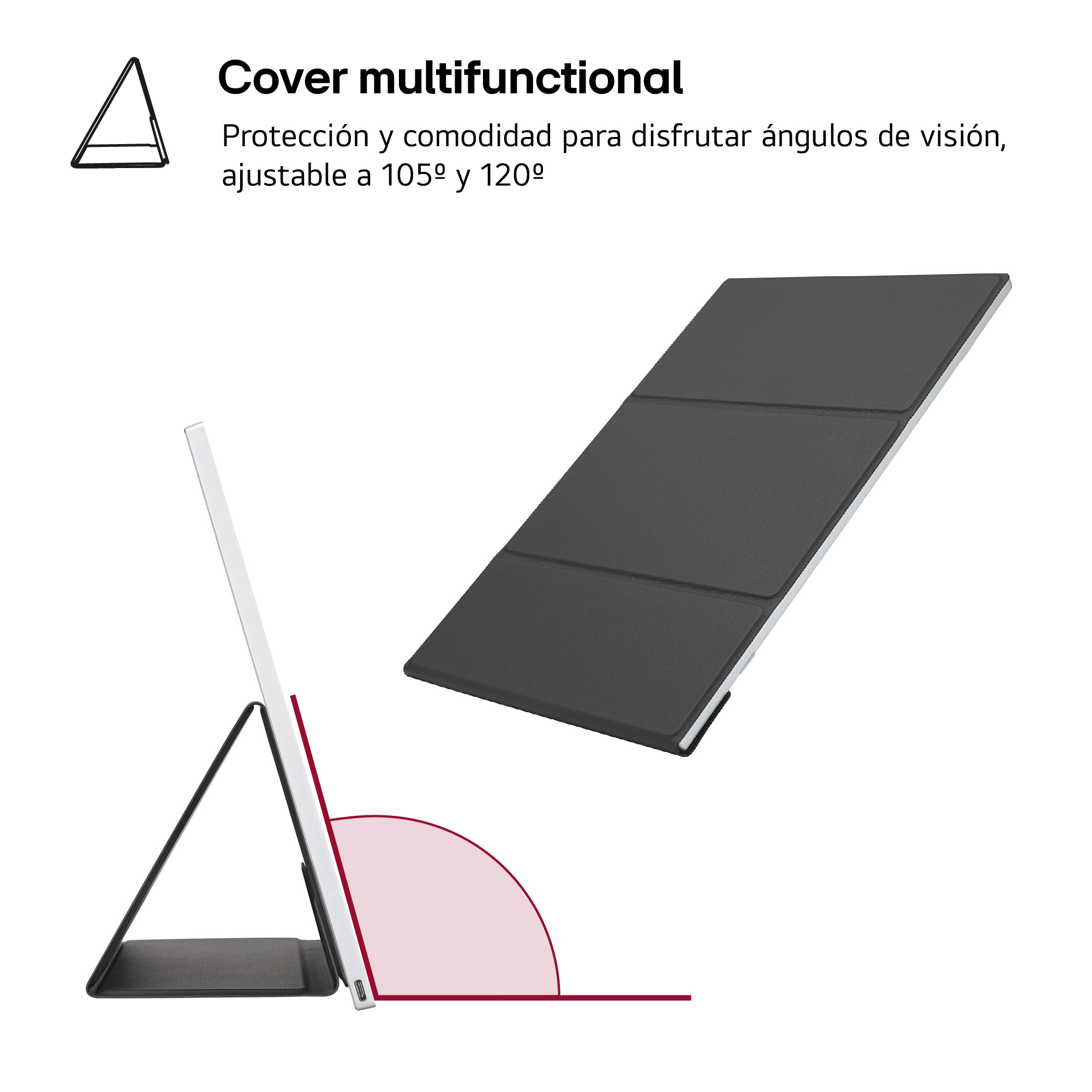 Se muestra una funda negra para tableta con soporte en ángulo.