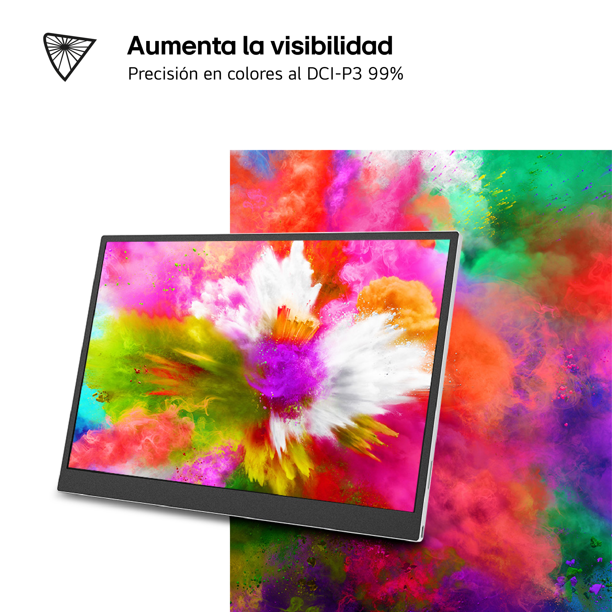 Un monitor que muestra una explosión de pintura colorida, con texto en español arriba.