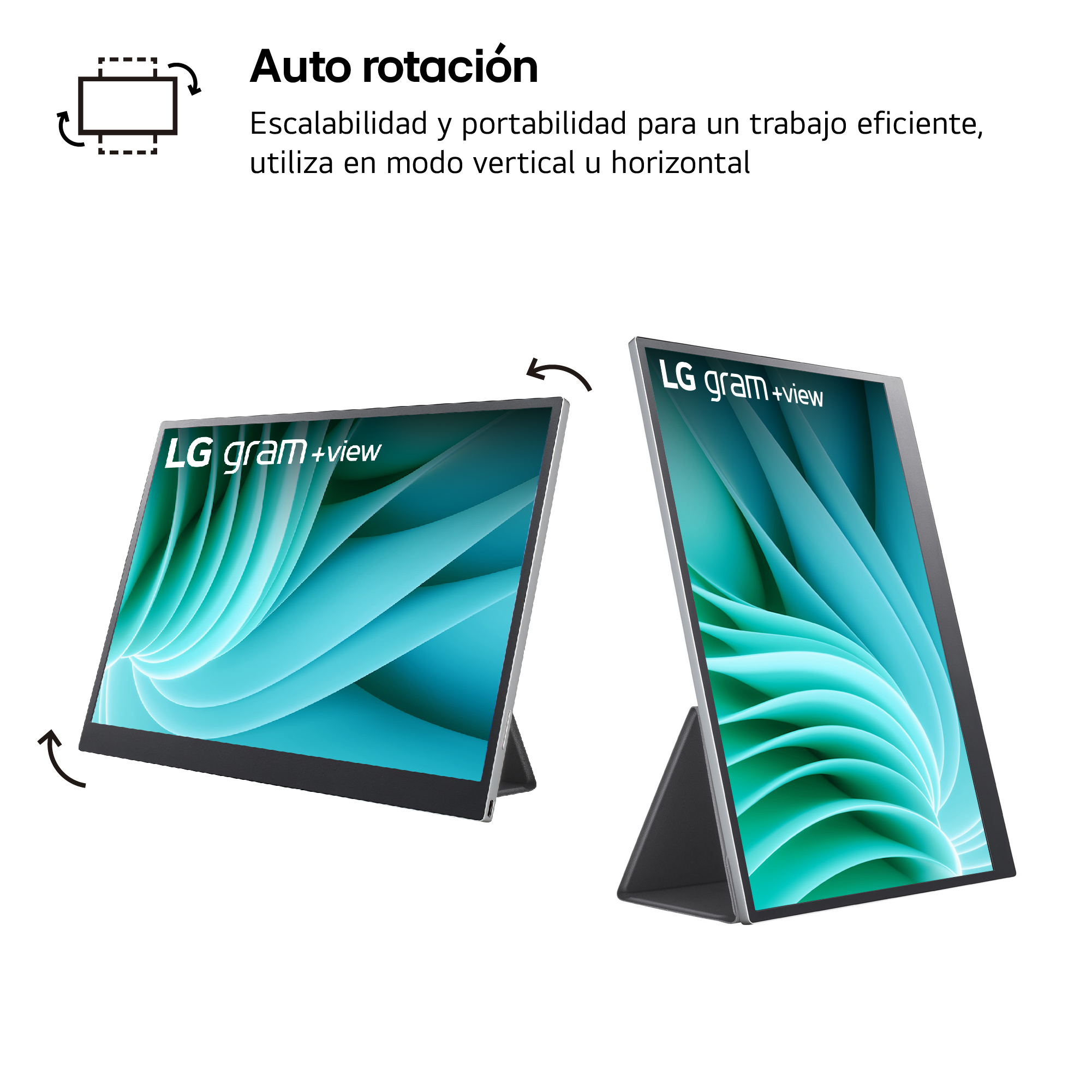 Dos monitores LG gram +view, mostrando orientaciones vertical y horizontal, con texto.