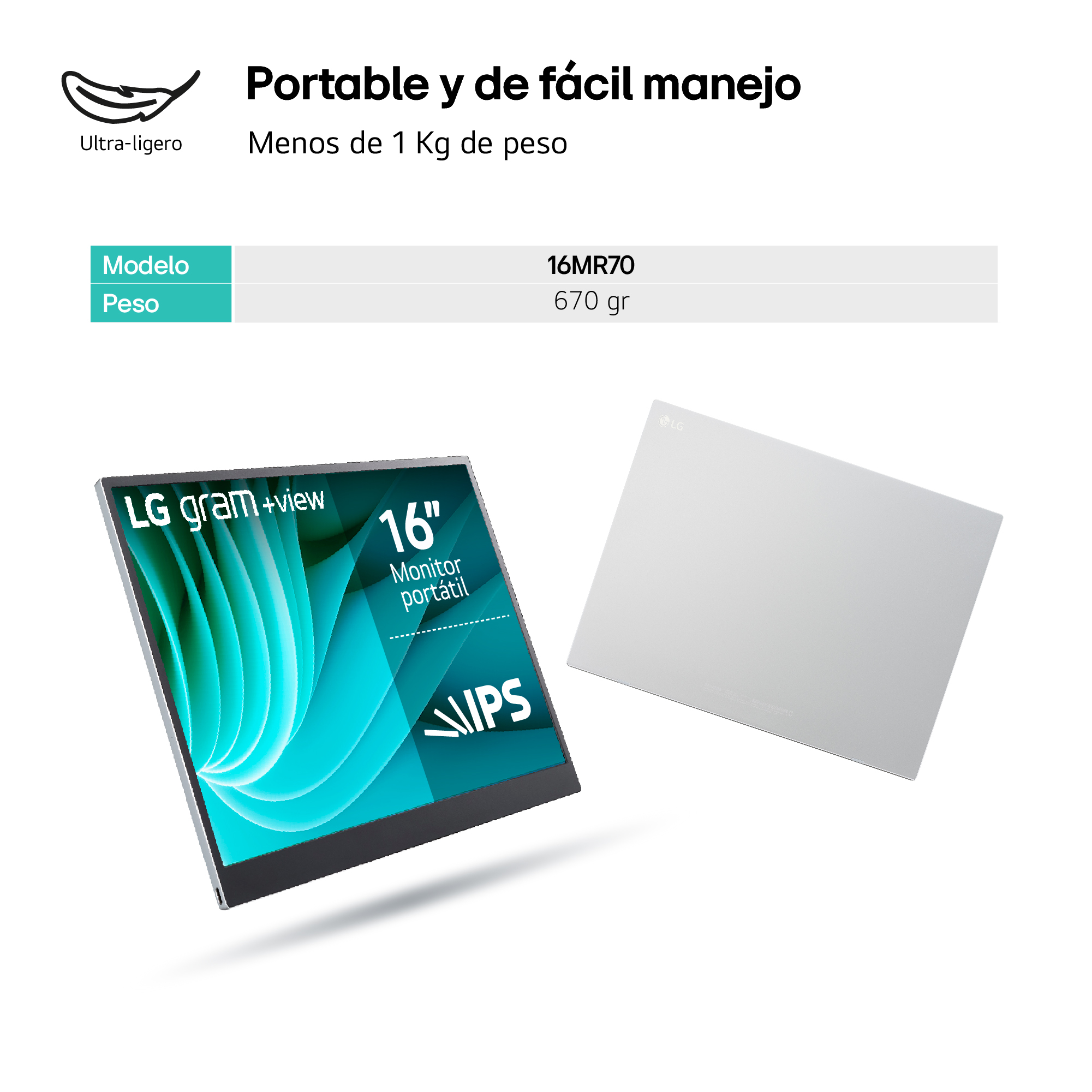 Un monitor LG gram +view frente a un fondo blanco, con texto sobre portabilidad y peso.