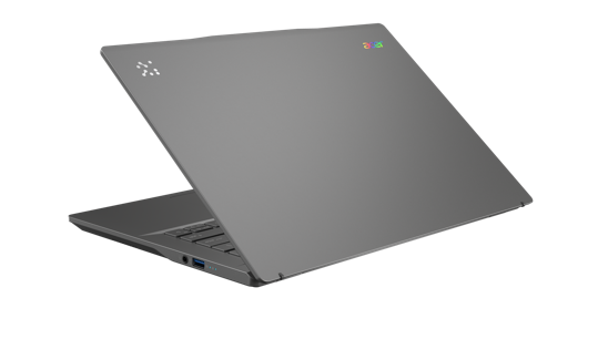 Grauer Laptop, teilweise geöffnet, angewinkelte Ansicht. Weißer Hintergrund. Logo oben.