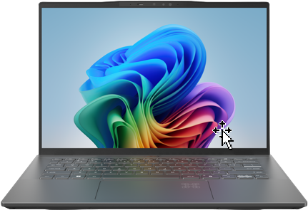 Laptop mit farbenfrohem, abstraktem Hintergrund. Ein Cursor befindet sich über dem Bildschirm.