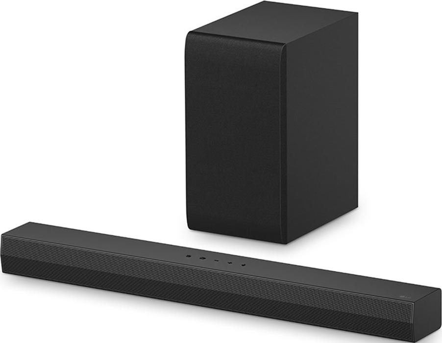 Ensemble barre de son et caisson de basses noirs. La barre est longue, le caisson est un cube noir.
