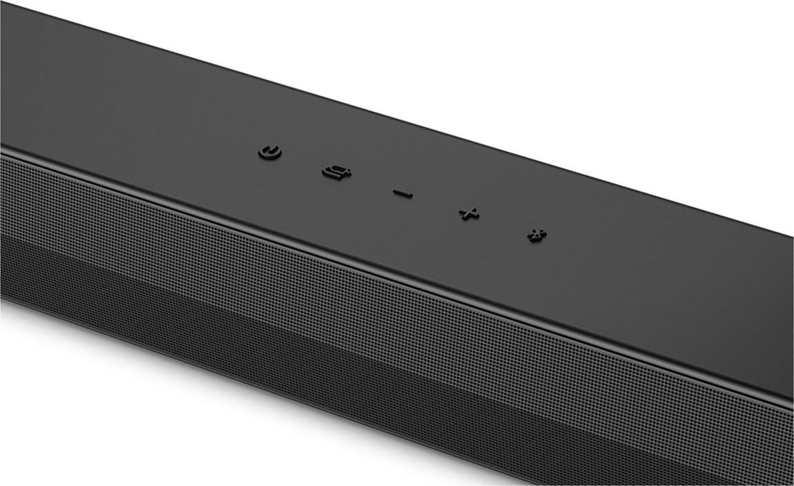 Barre de son noire avec boutons. Symboles d'alimentation, source, volume et Bluetooth visibles.