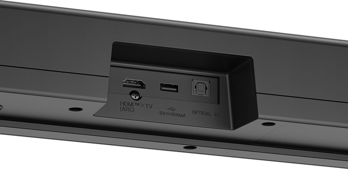 Arrière d'une barre de son noire. Ports : HDMI, USB, entrée optique.