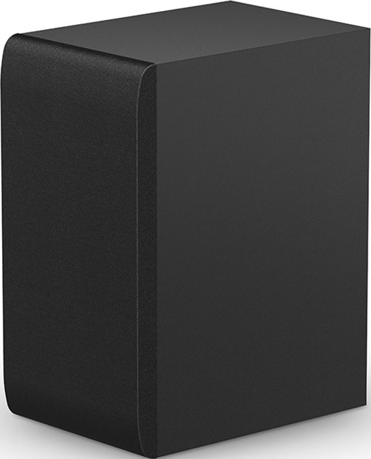 Haut-parleur noir rectangulaire aux bords arrondis sur fond blanc.