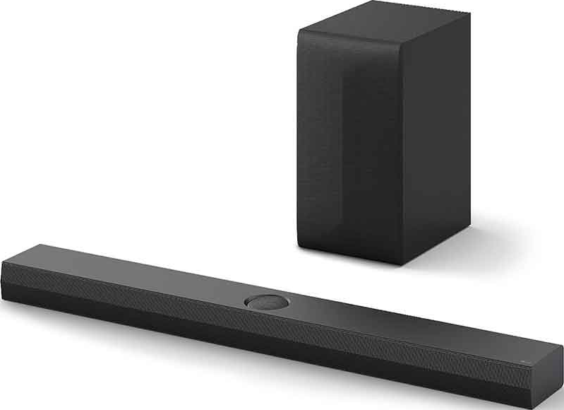 Eine schwarze Soundbar und ein Subwoofer werden auf weißem Grund gezeigt.