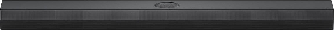 Dunkelgraue Soundbar mit mittigem kreisförmigen Design. Es ist ein schlankes, langes, rechteckiges Gerät.
