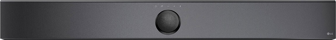 Eine lange, dünne, schwarze Soundbar mit kreisförmiger Steuerung in der Mitte auf weißem Hintergrund.
