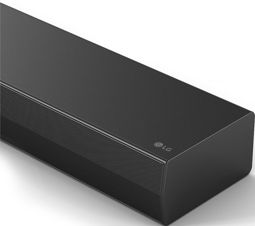 Une barre de son LG noire. Elle possède une grille en maille et le logo LG est visible.