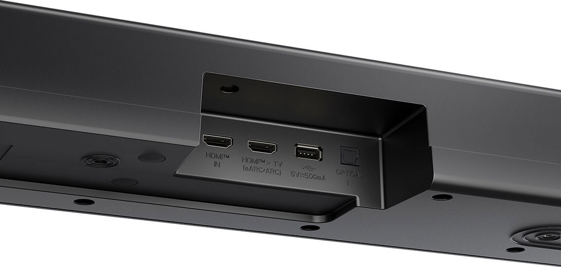 Arrière d'une barre de son noire avec ports. Ports HDMI, USB et optiques visibles.
