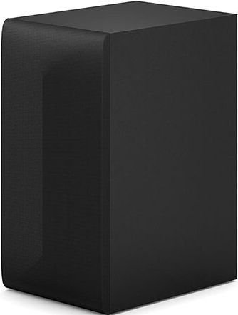 Un caisson de haut-parleur noir avec une surface texturée et une forme rectangulaire.