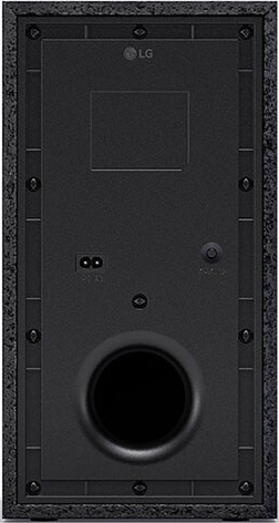 L'arrière d'un caisson de basses noir. Il y a un port d'alimentation, des boutons et un haut-parleur.
