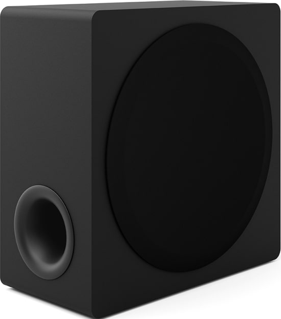 Caisson de basses noir. Comprend un grand haut-parleur circulaire et un port.