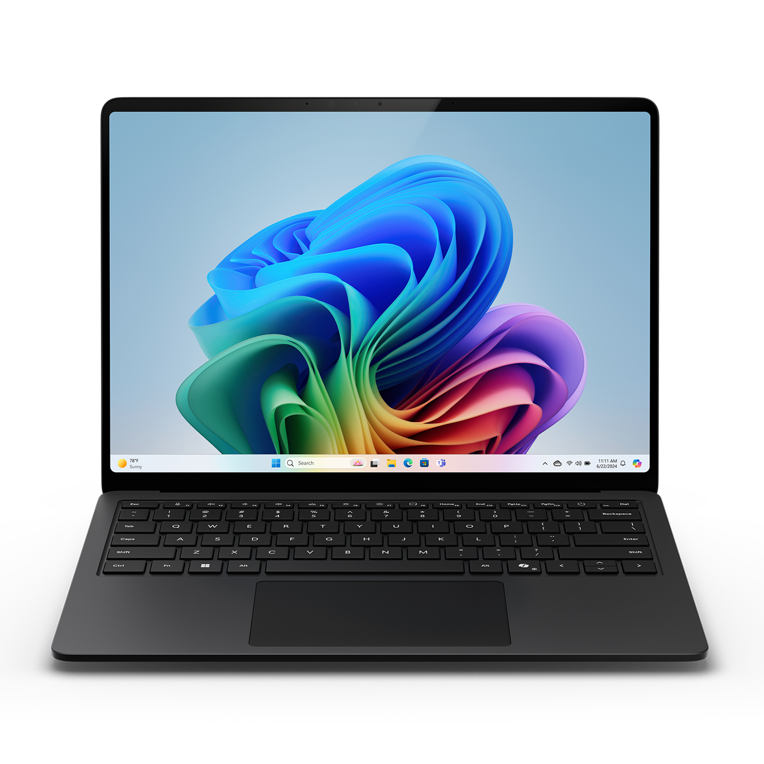 Laptop con sfondo astratto colorato. È aperto su sfondo bianco. La tastiera è scura.