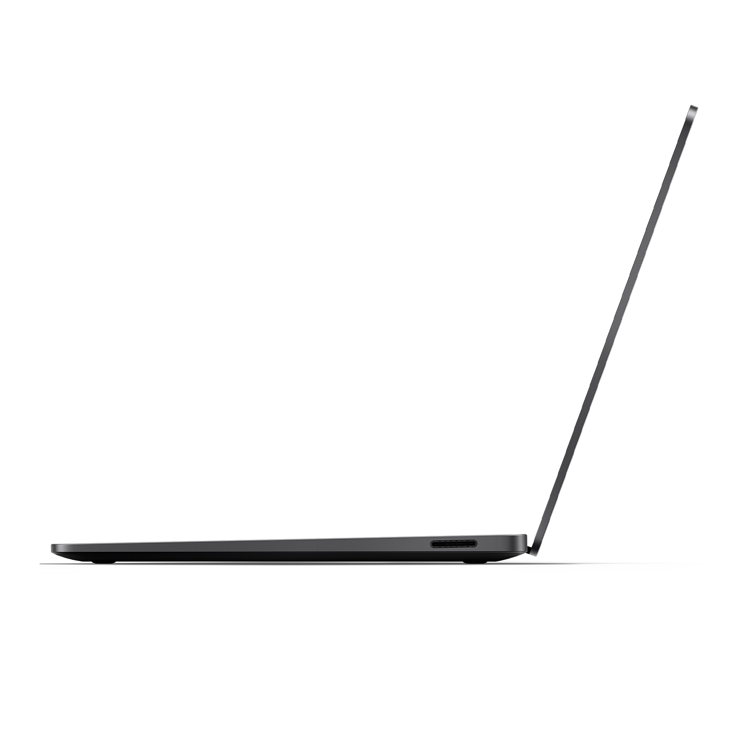 Vista laterale di un laptop nero con schermo aperto. Sfondo bianco, design minimalista.