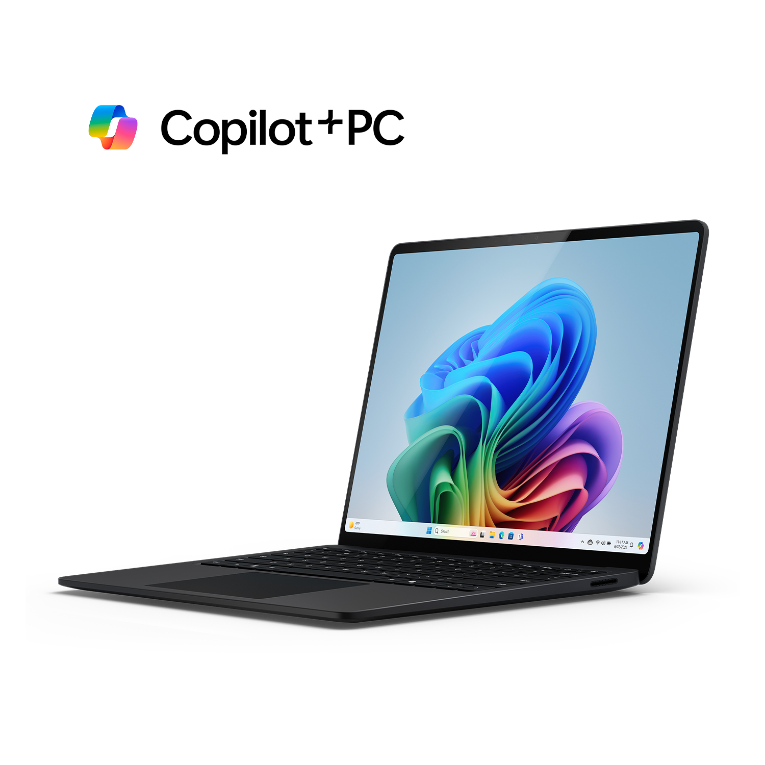 Laptop nero che mostra un design astratto colorato, con testo "Copilot+PC".