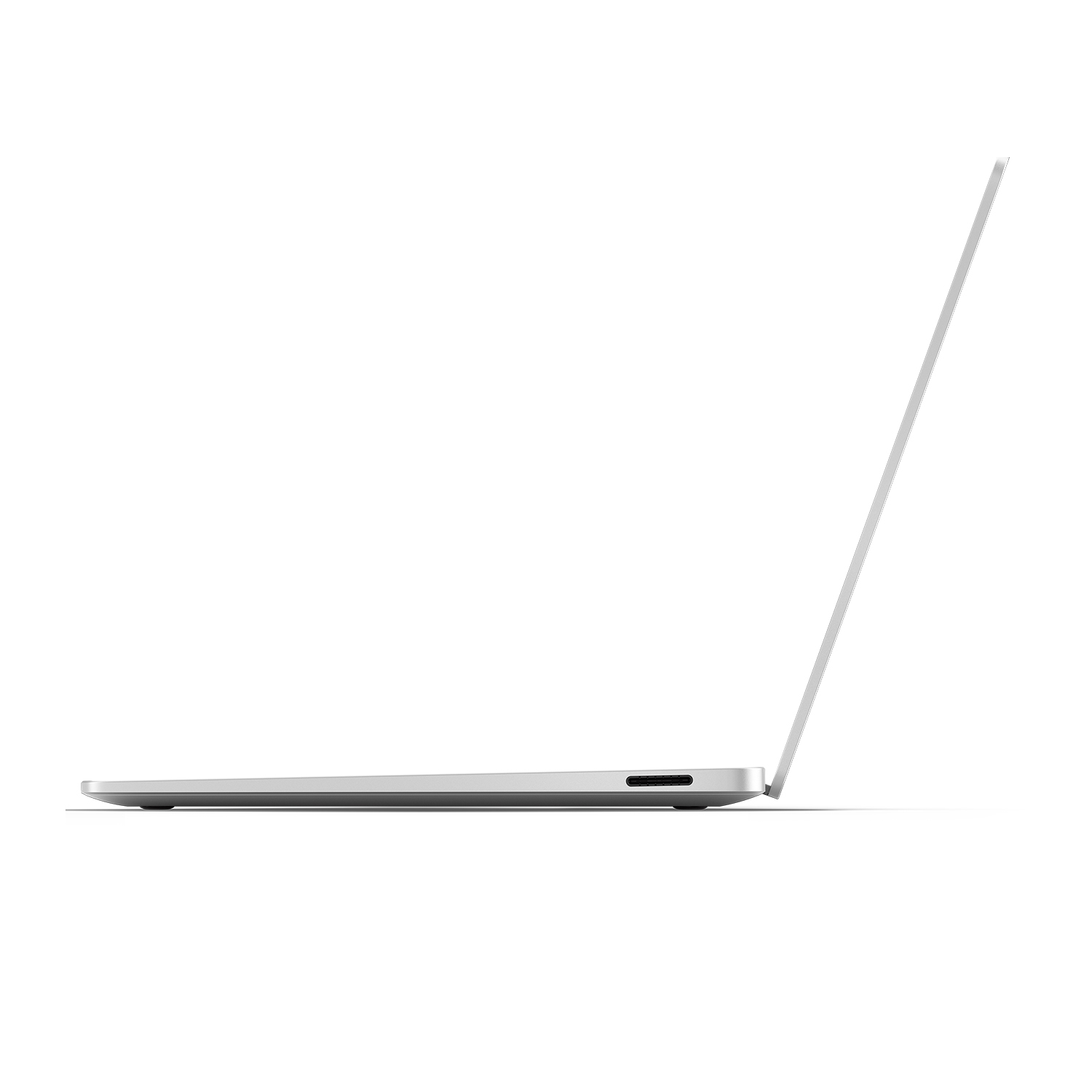 Una vista laterale di un laptop argentato con schermo aperto.