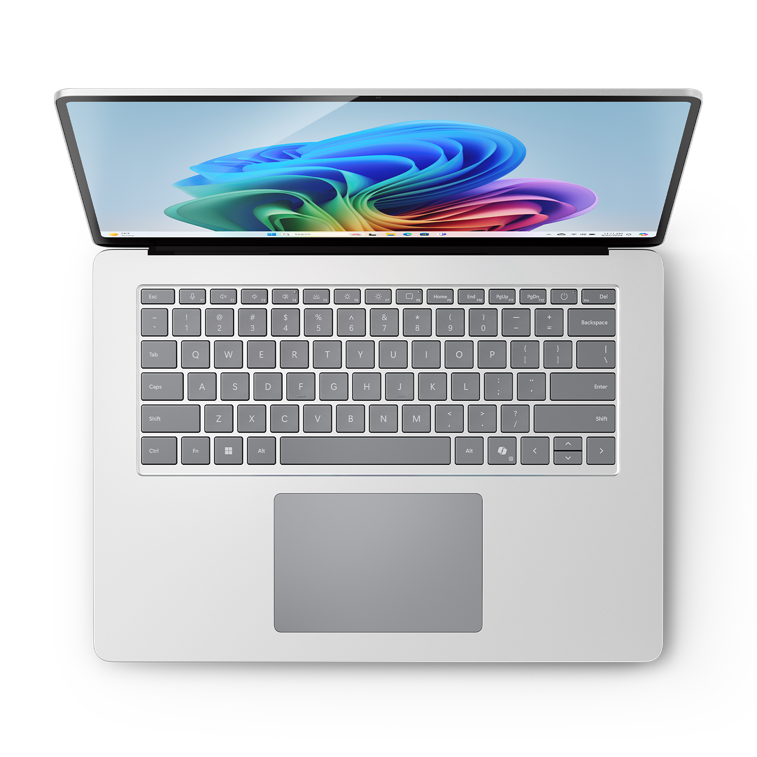 Un laptop con schermo aperto e tastiera grigia. Lo schermo mostra un design astratto e colorato.