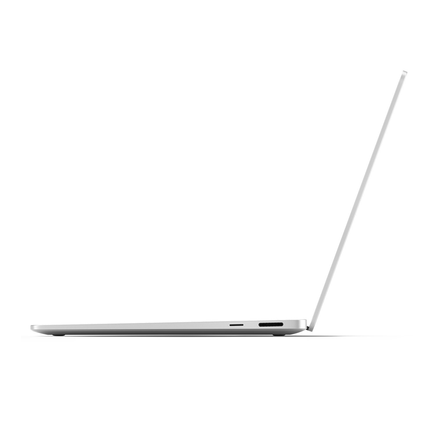 Vista laterale di un laptop argentato con lo schermo aperto, su sfondo bianco.