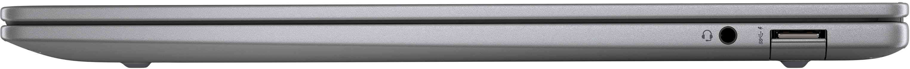 Seitenansicht eines Laptops, die Anschlüsse für Kopfhörer und USB zeigt, auf einer grauen Oberfläche.