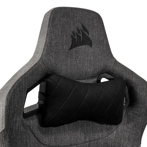 Primer plano del reposacabezas de una silla gaming gris y negro con almohada.