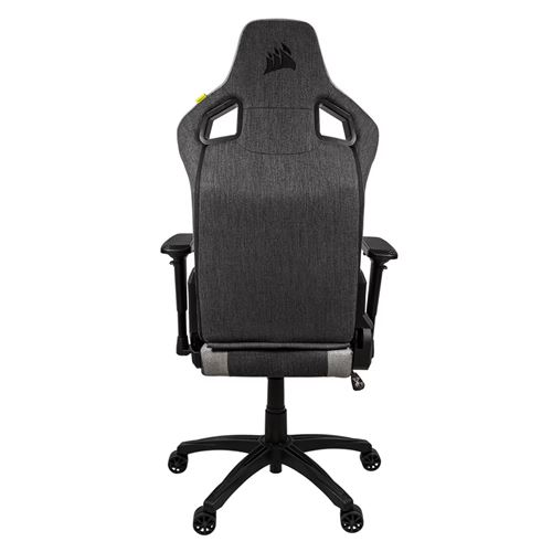 Silla gaming negra y gris. Vista trasera. Base negra con ruedas. Logotipo de Corsair.