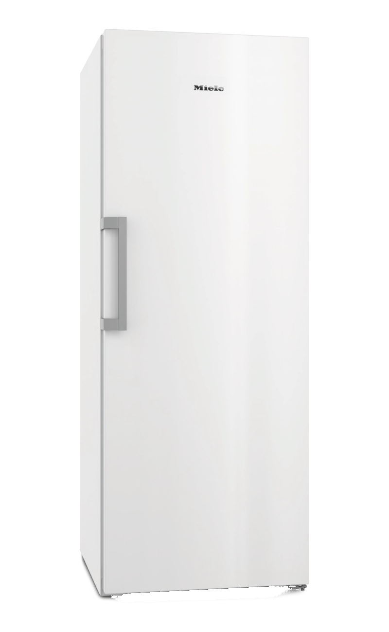 Ein hoher, weißer Miele Gefrierschrank vor schwarzem Hintergrund. Er hat einen silbernen Griff und das Miele-Logo.
