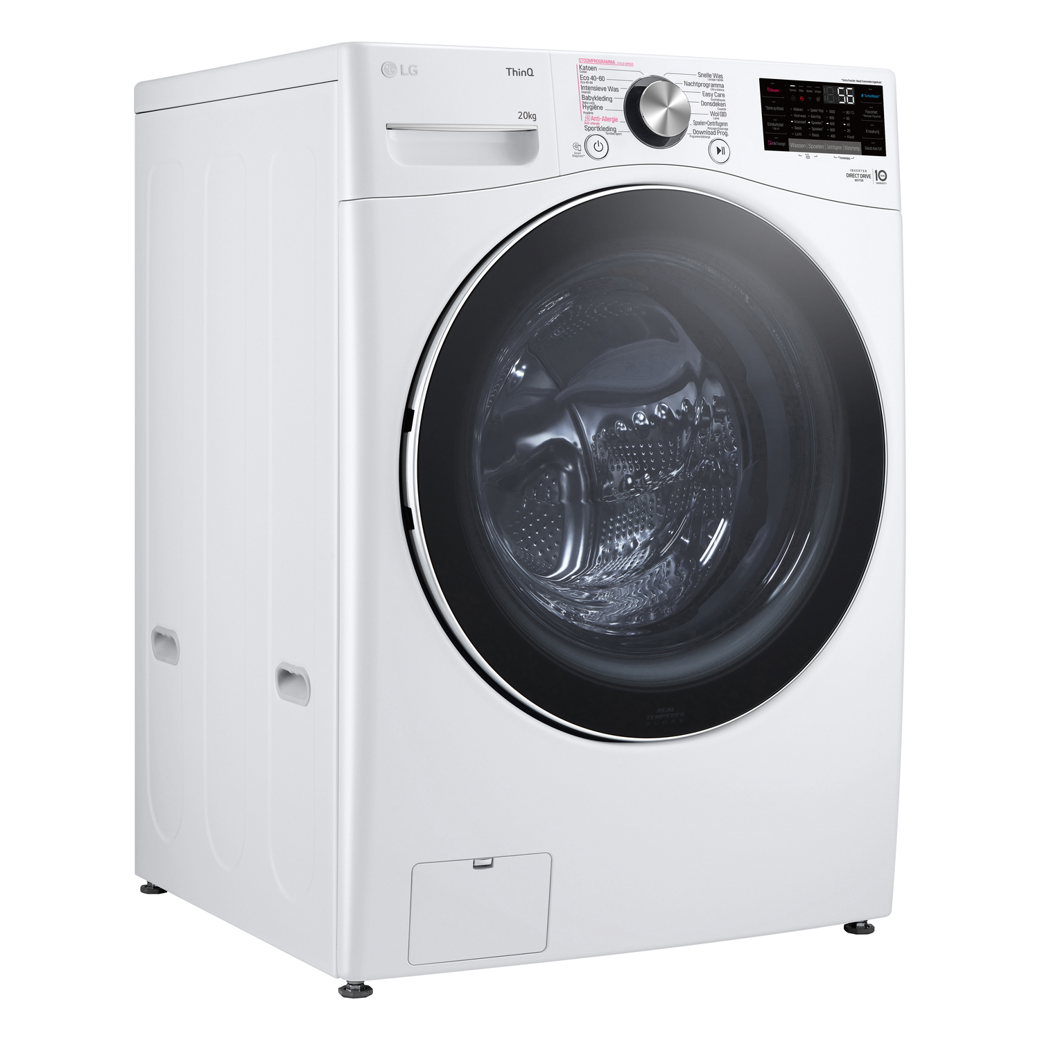 White washing machine. Front view, with a black door and a control panel. White background.