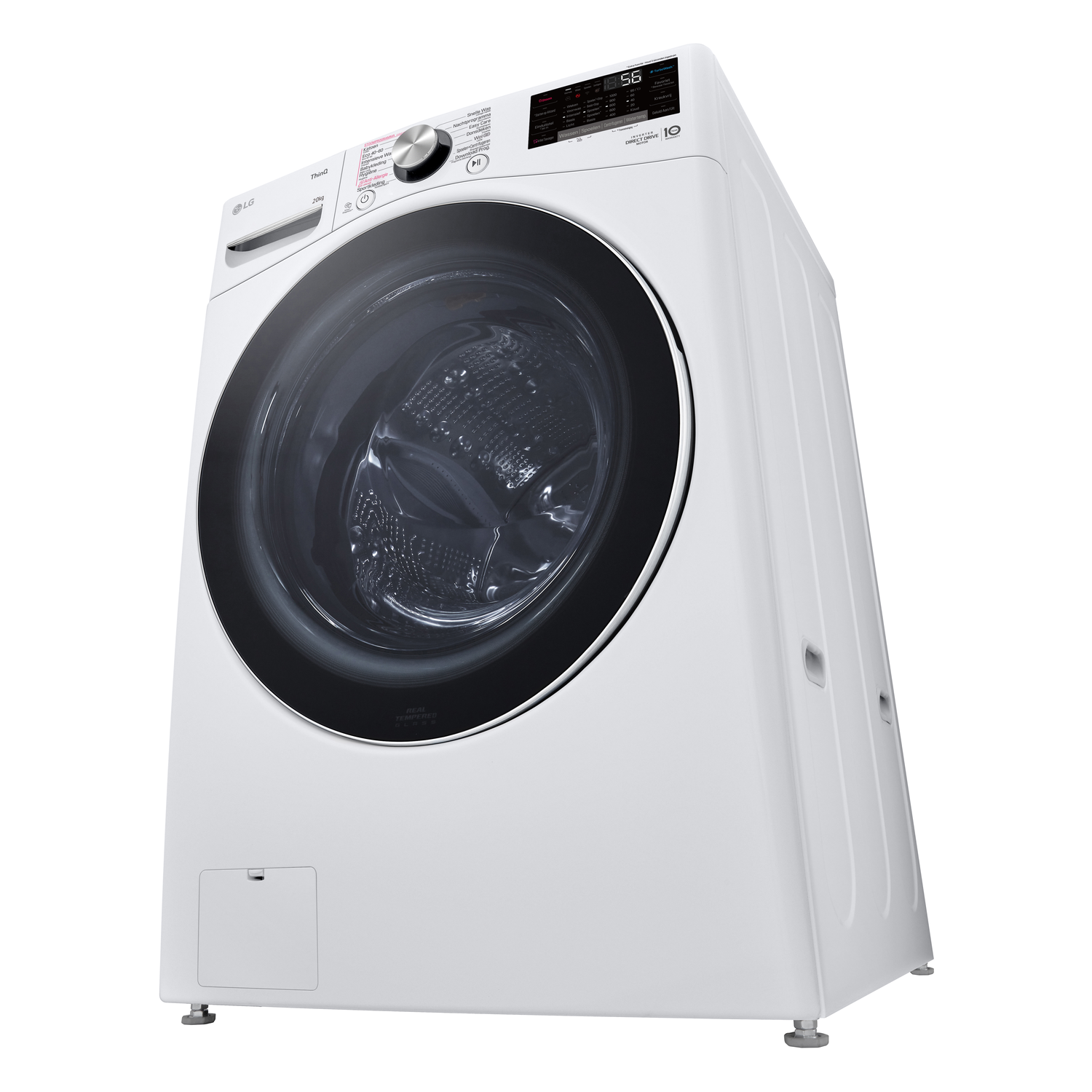 White LG washing machine, angled view, drum visible. Digital display at top, with a door.