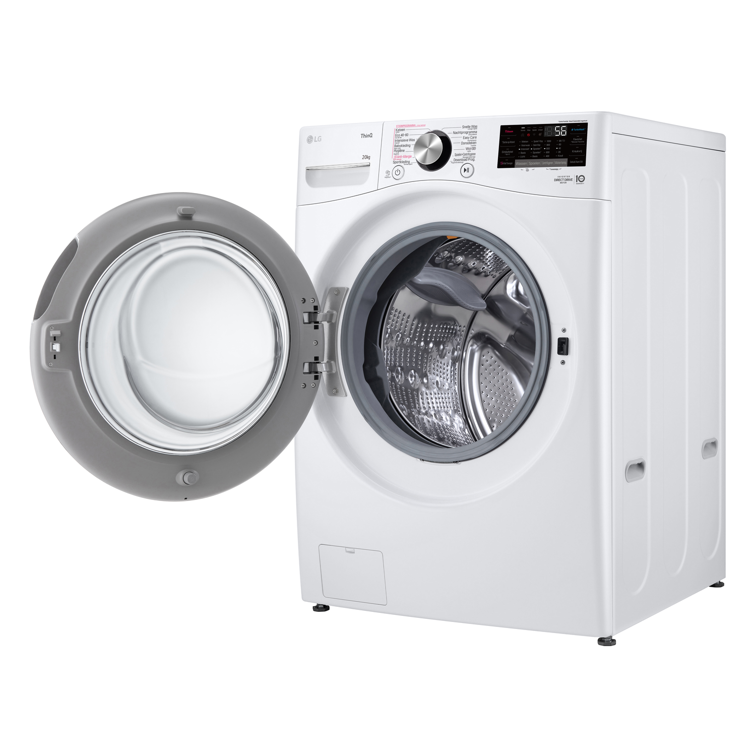 White washing machine with door open. Gray door frame, stainless steel drum.