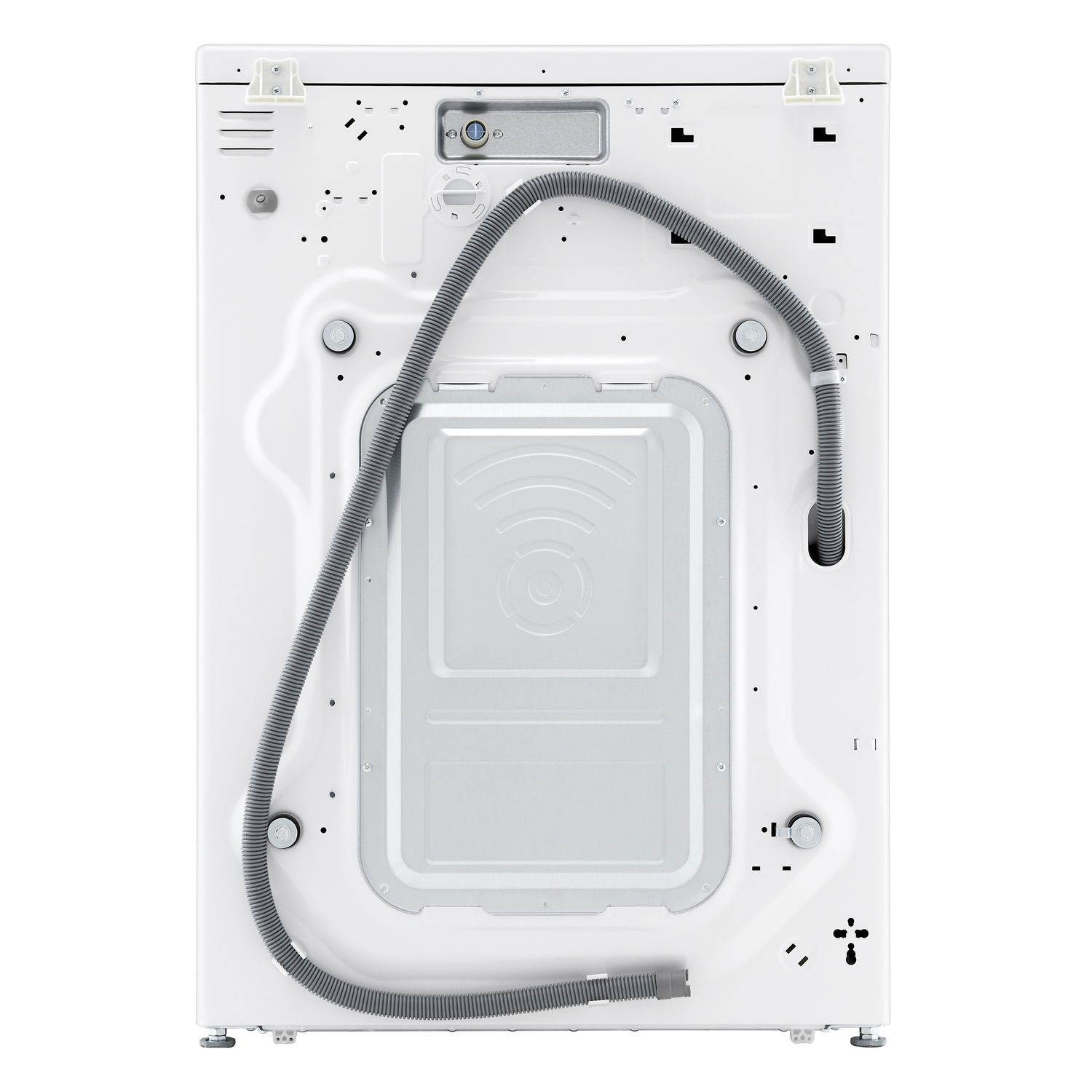 The back of a white LG washing machine, showing the hose and internal components.