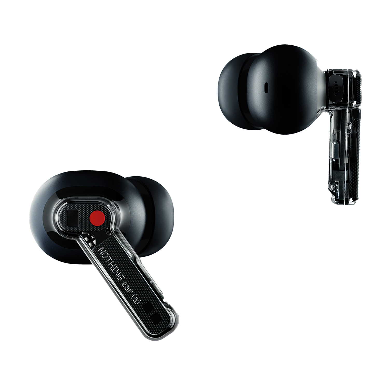 Due auricolari wireless neri su sfondo bianco, che mostrano i componenti interni.
